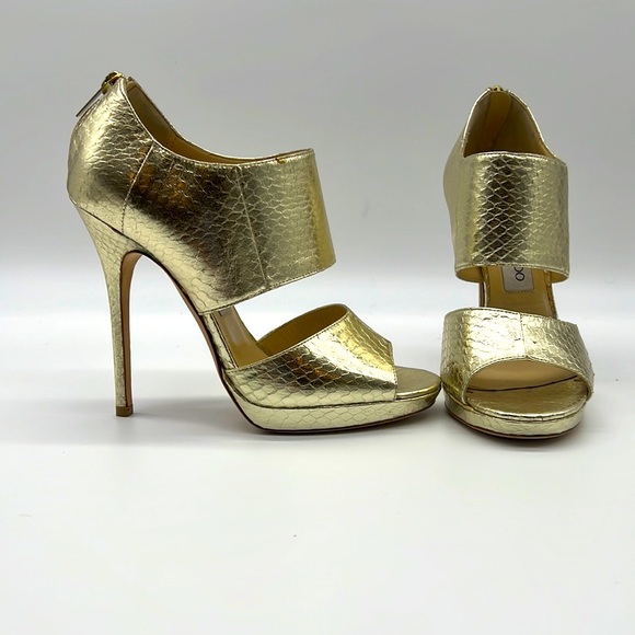 JIMMY CHOO GOLD SNAKE SKIN PLATFORM HEELS SZ 38  NWT - Picture 2 of 8